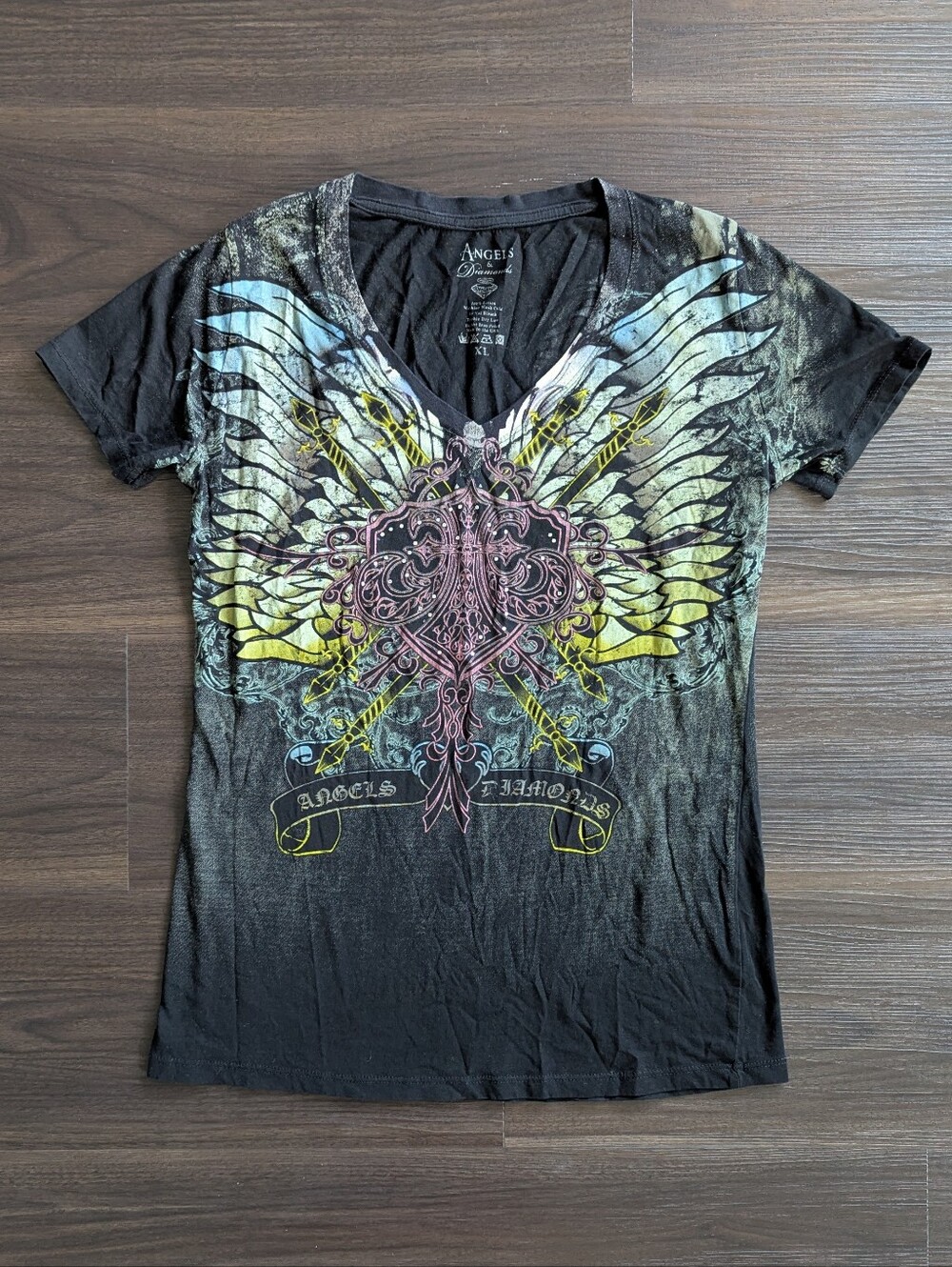 Angels & Diamonds V Neck XL Shirt Rhinestones Y2K Style Alt Post Grunge